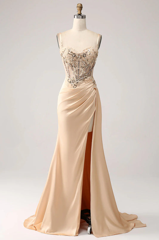 Elegant Mermaid Pleated Satin Prom Dress With Appliques