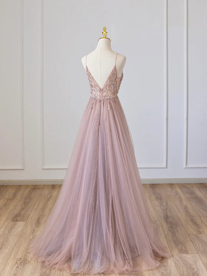 Pink V-Neck Tulle Long Spaghetti Strap Prom Dress with Beaded 