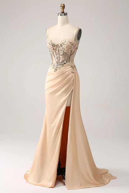 Elegant Mermaid Pleated Satin Prom Dress With Appliques