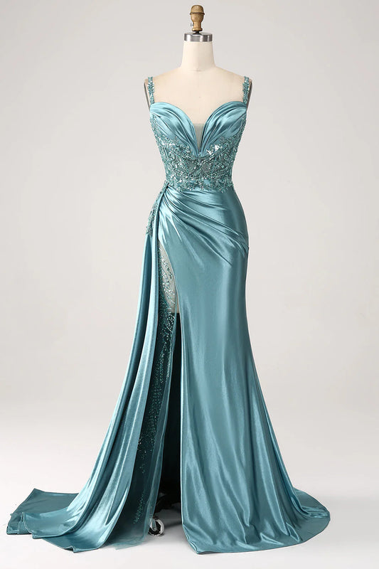 Mermaid V-Neck Satin Long Appliques Sequin Prom Dress With Slit