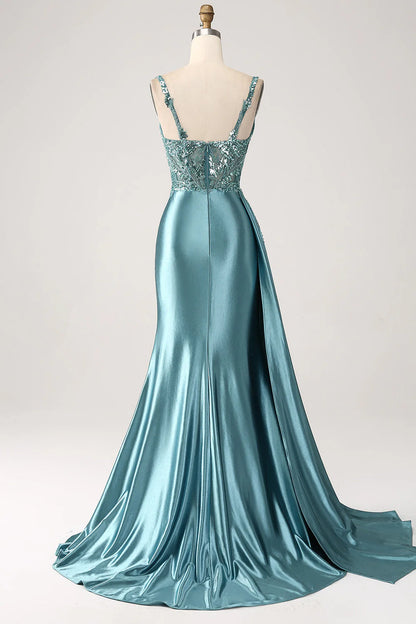 Mermaid V-Neck Satin Long Appliques Sequin Prom Dress With Slit