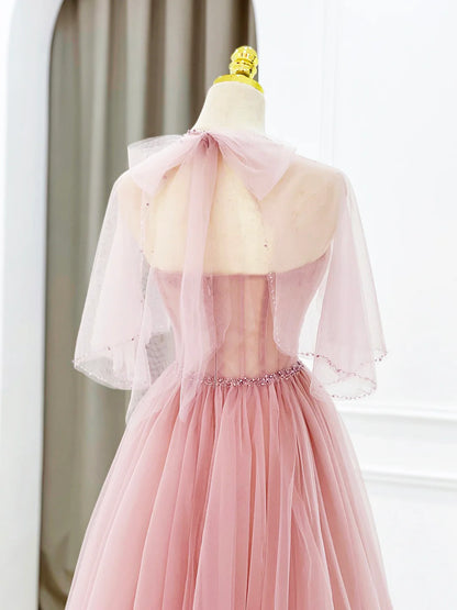 Pink Lovely A-Line Tulle Long Prom Dress with Beaded