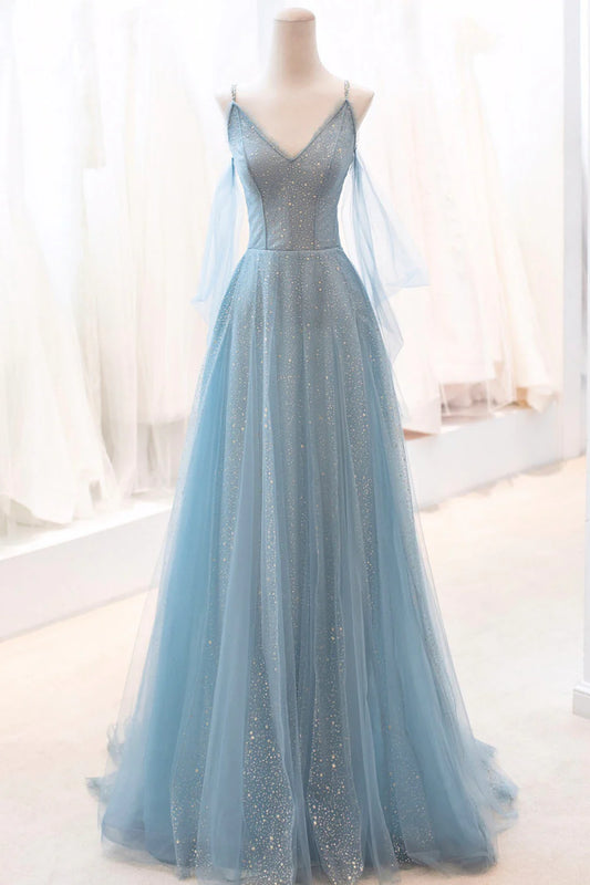 V-Neck Blue Spaghetti Strap Tulle Long Prom Dress