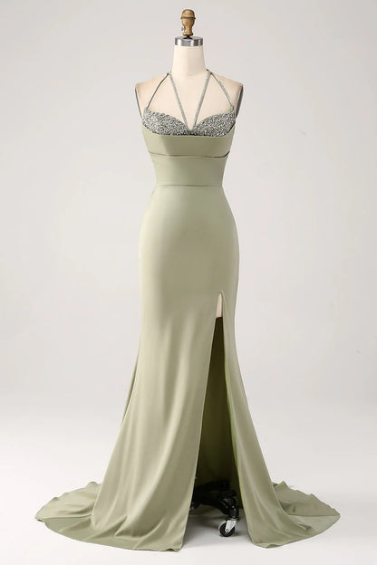 Army Green V-Neck Beaded Long Prom Dress With Slit