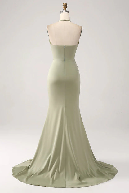 Army Green V-Neck Beaded Long Prom Dress With Slit