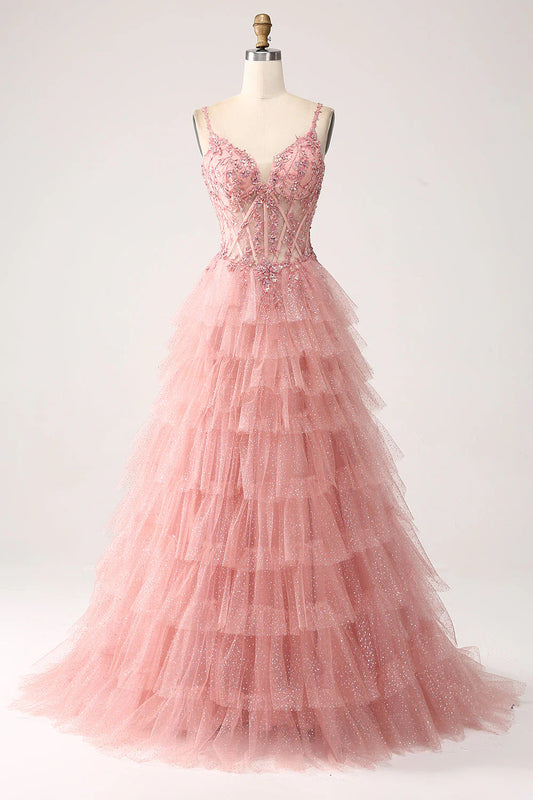 A-Line Spaghetti Staps Tiered Tulle Blush Long Prom Dress