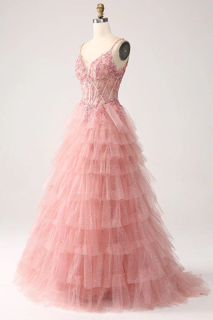 A-Line Spaghetti Staps Tiered Tulle Blush Long Prom Dress