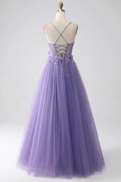 A-Line Spaghetti Straps Corset Prom Dress With 3D Flowers