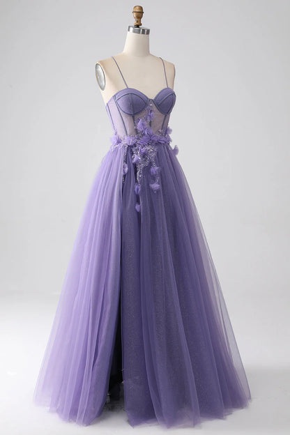 A-Line Spaghetti Straps Corset Prom Dress With 3D Flowers