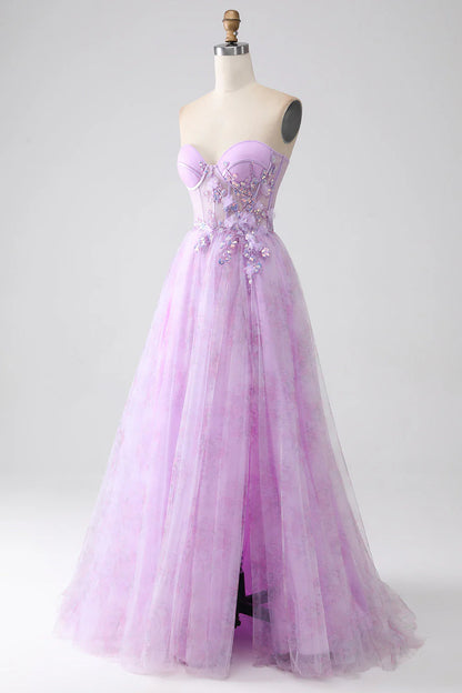 Printed Strapless Corset Prom Dress With Beading