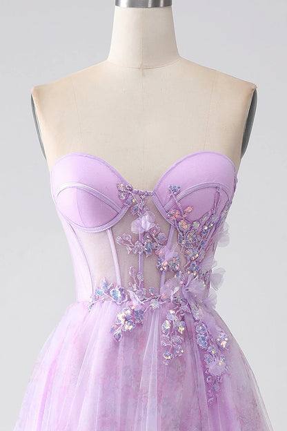 Printed Strapless Corset Prom Dress With Beading