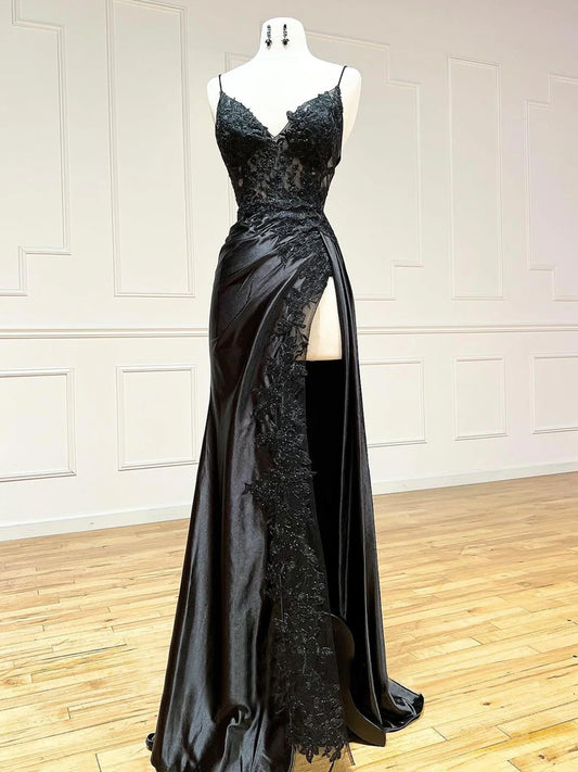 Black Spaghetti Strap Evening Dress with Slit