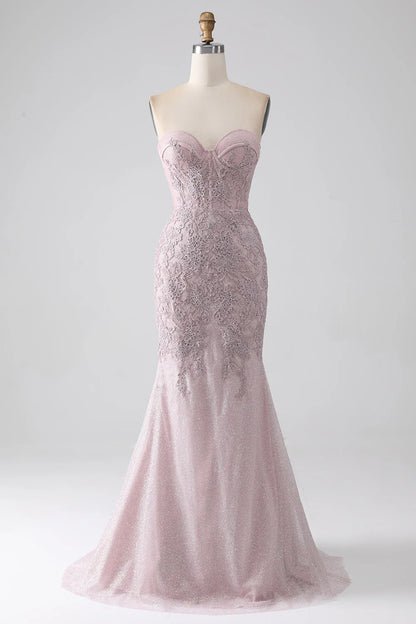 Blush Sparkly Strapless Mermaid Corset Prom Dress With Appliques