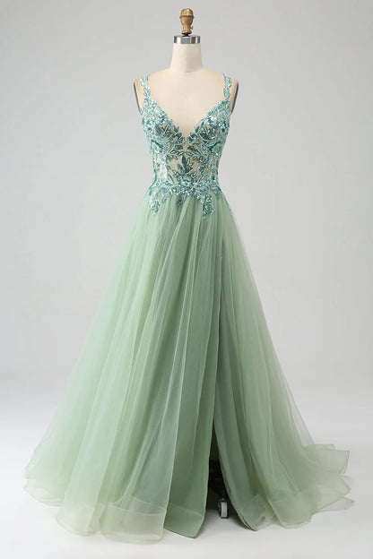 Gorgeous A Line V Neck Light Long Prom Dress With Appliques