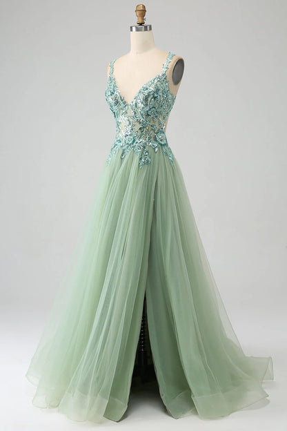 Gorgeous A Line V Neck Light Long Prom Dress With Appliques