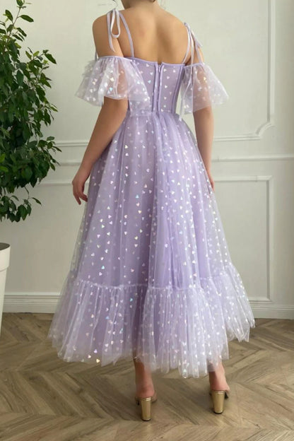 A-Line Off the Shoulder Purple Tulle Short Prom Dresses