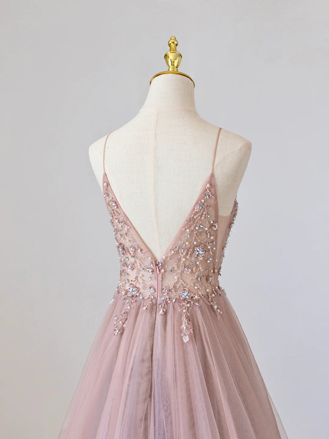 Pink V-Neck Tulle Long Spaghetti Strap Prom Dress with Beaded 