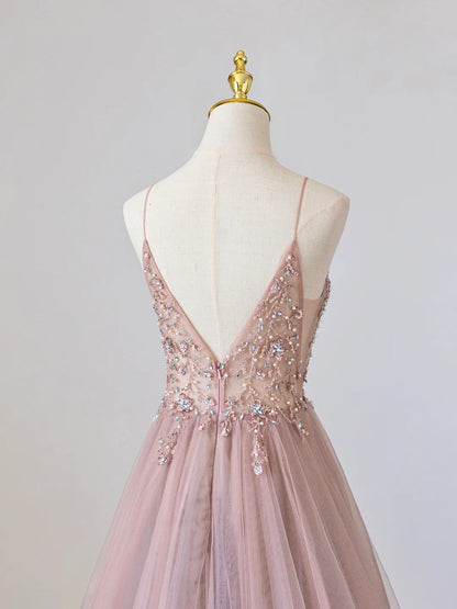 Pink V-Neck Tulle Long Spaghetti Strap Prom Dress with Beaded 