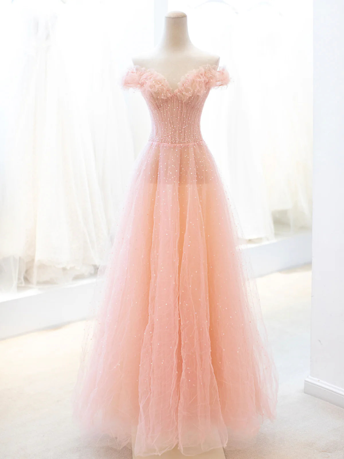 Pink A-Line Lovely Tulle Sequins Long Prom Dress