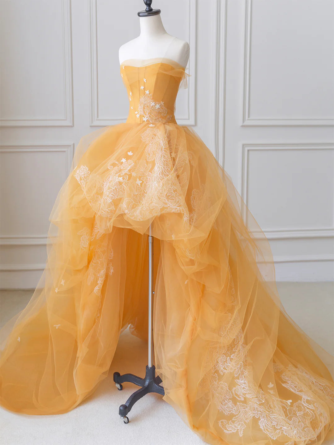 Orange Tulle Lace Long High Low Prom Dress