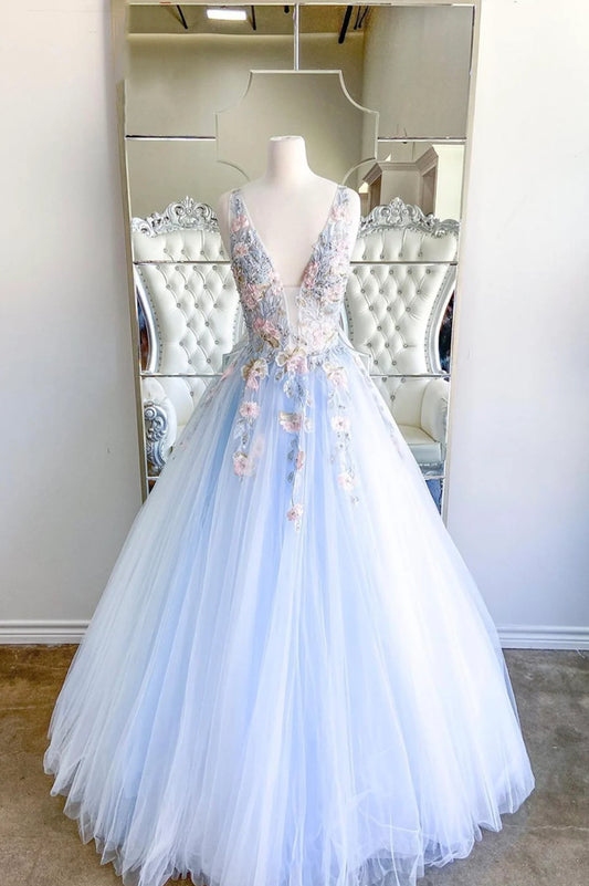 Blue Elegant V-Neck Tulle Lace Long Prom Dresses