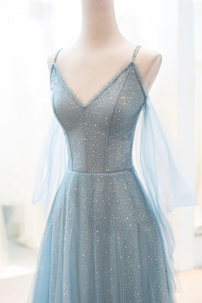 V-Neck Blue Spaghetti Strap Tulle Long Prom Dress