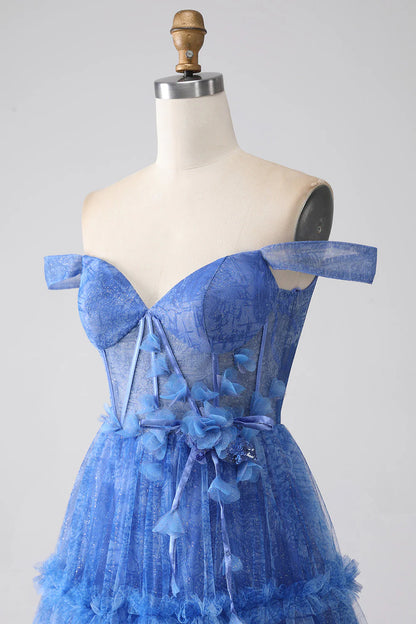 Printed A Line Tulle Corset Prom Dress