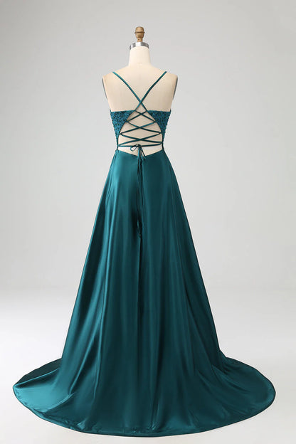 A-Line Spaghetti Straps Long Prom Dress with Slit