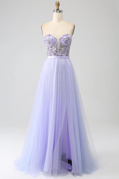 A Line Tulle Corset Prom Dress With Slit