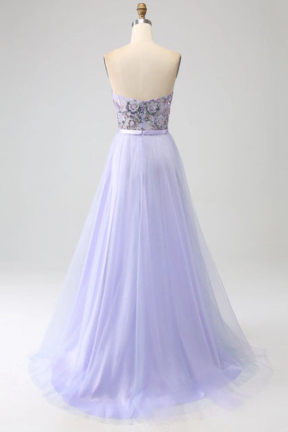 A Line Tulle Corset Prom Dress With Slit