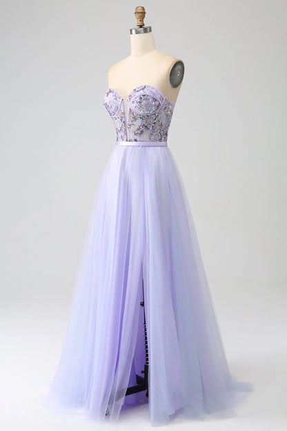 A Line Tulle Corset Prom Dress With Slit