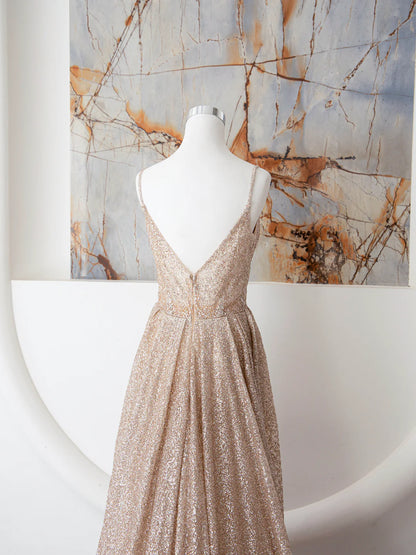 Champagne Spaghetti Strap Sequins Long Prom Dress