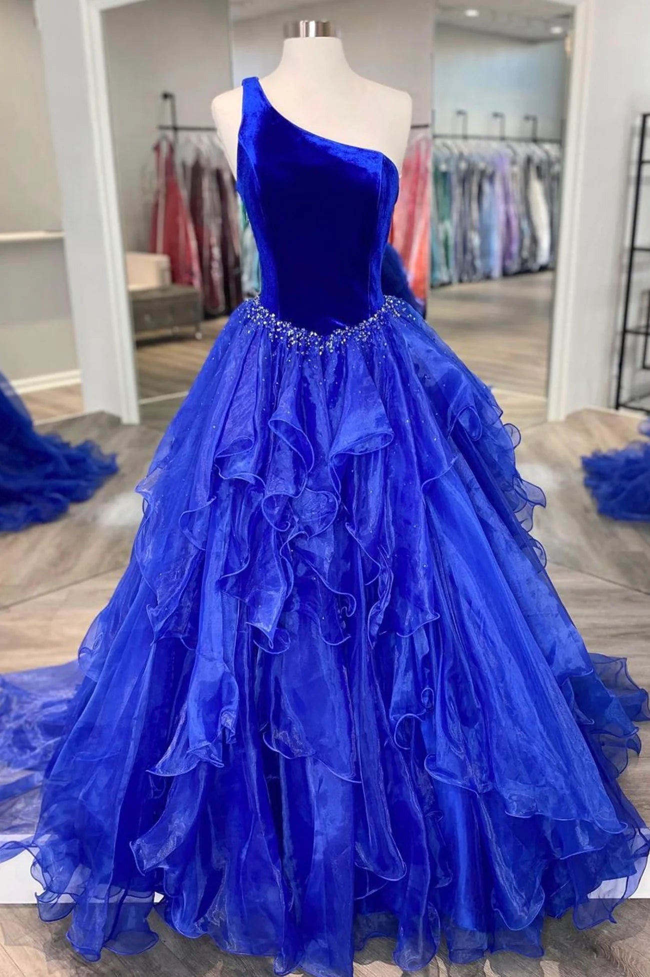 Blue Floor Length Tulle One Shoulder Prom Dress