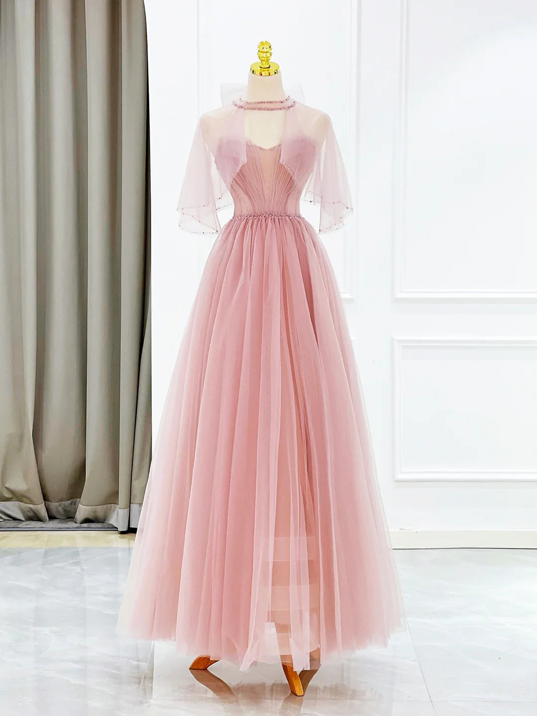 Pink Lovely A-Line Tulle Long Prom Dress with Beaded