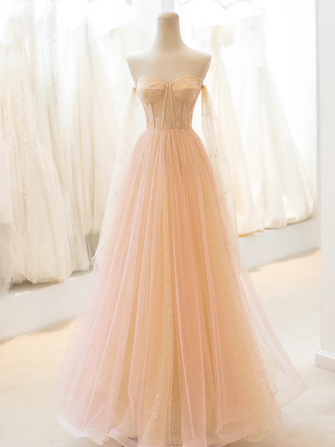 Cute A-Line Strapless Tulle Long Prom Dress