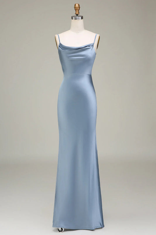 Sheath Spaghetti Straps Satin Long Bridesmaid Dress