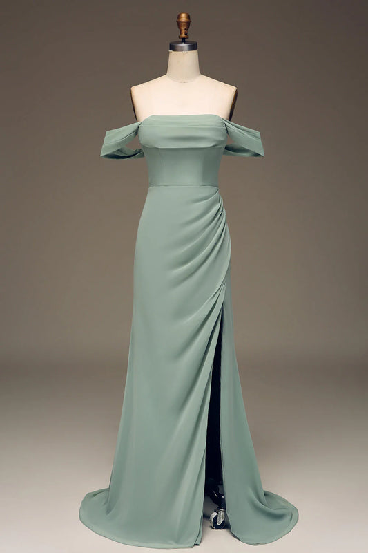 Off The Shoulder Sheath Chiffon Pleated Long Bridesmaid Dress