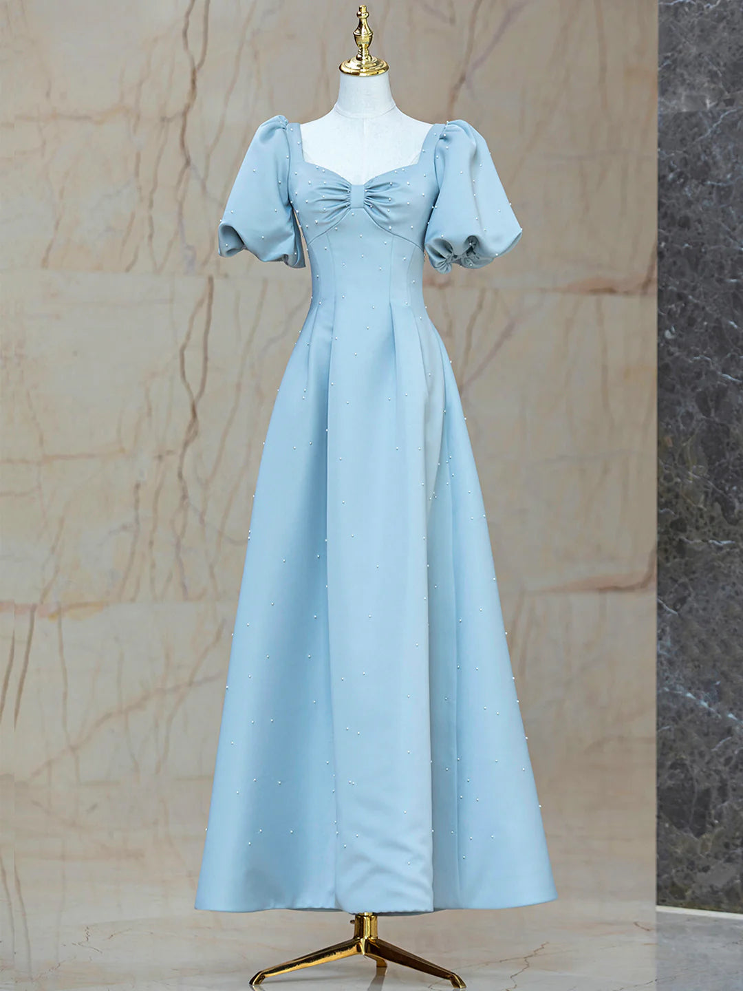 A-Line Blue Satin Pearl Long Prom Dress With Pearl Decoration