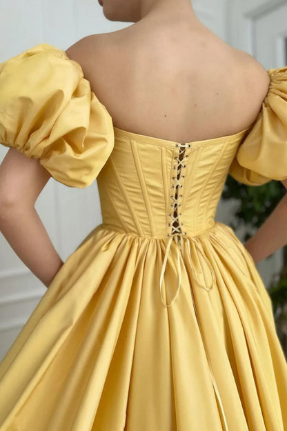 A-Line Off the Shoulder Yellow Satin Long Prom Dresses