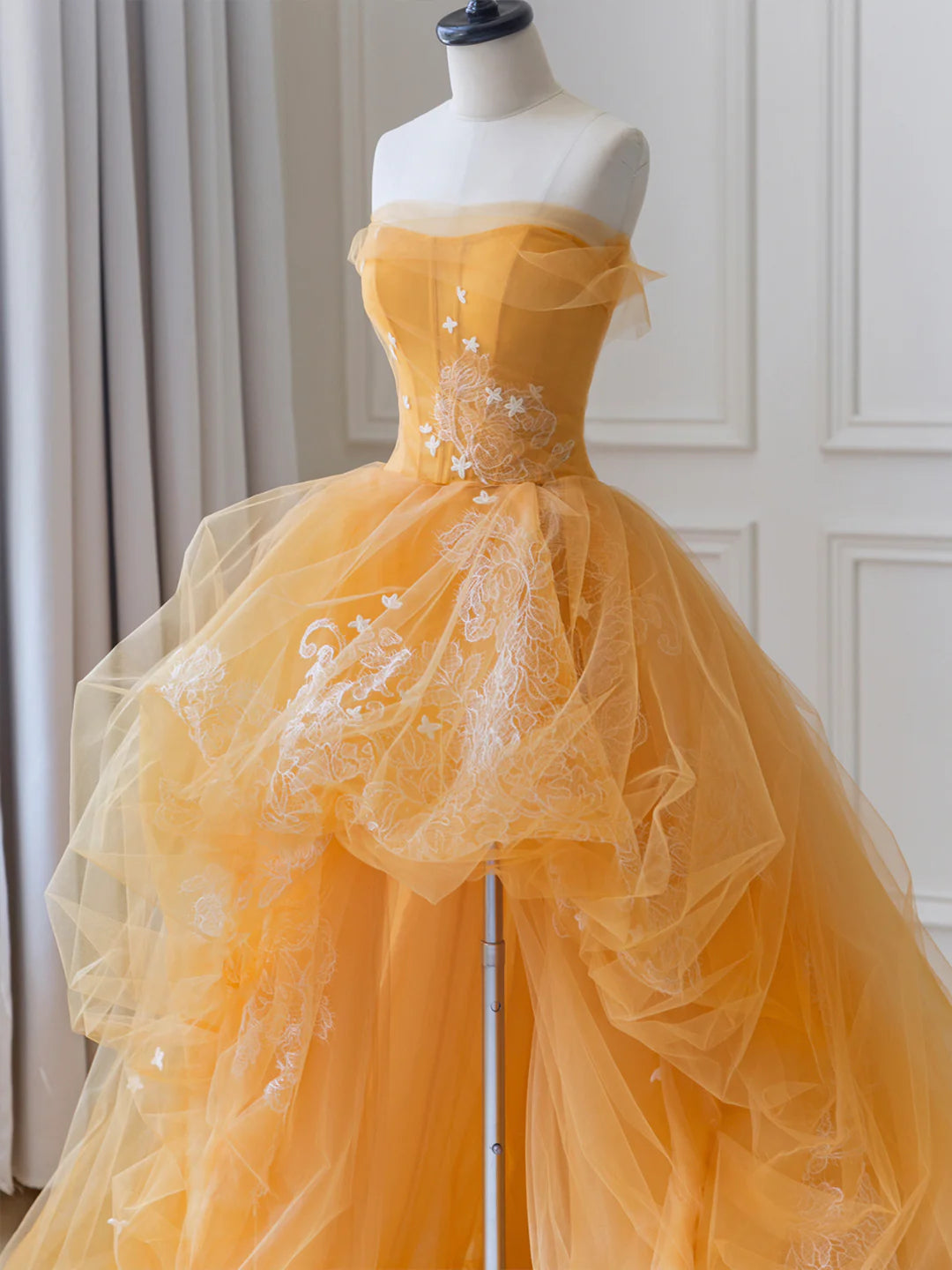 Orange Tulle Lace Long High Low Prom Dress