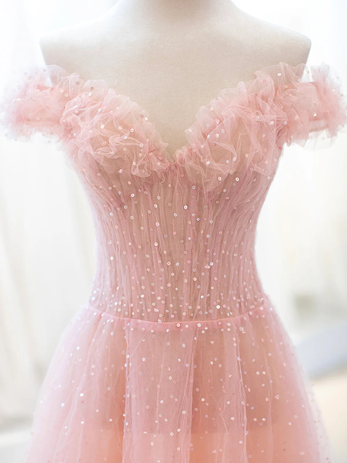 Pink A-Line Lovely Tulle Sequins Long Prom Dress