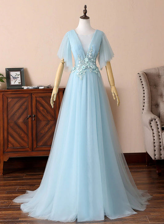 A-Line Blue V-Neck Lace Long Prom Dresses