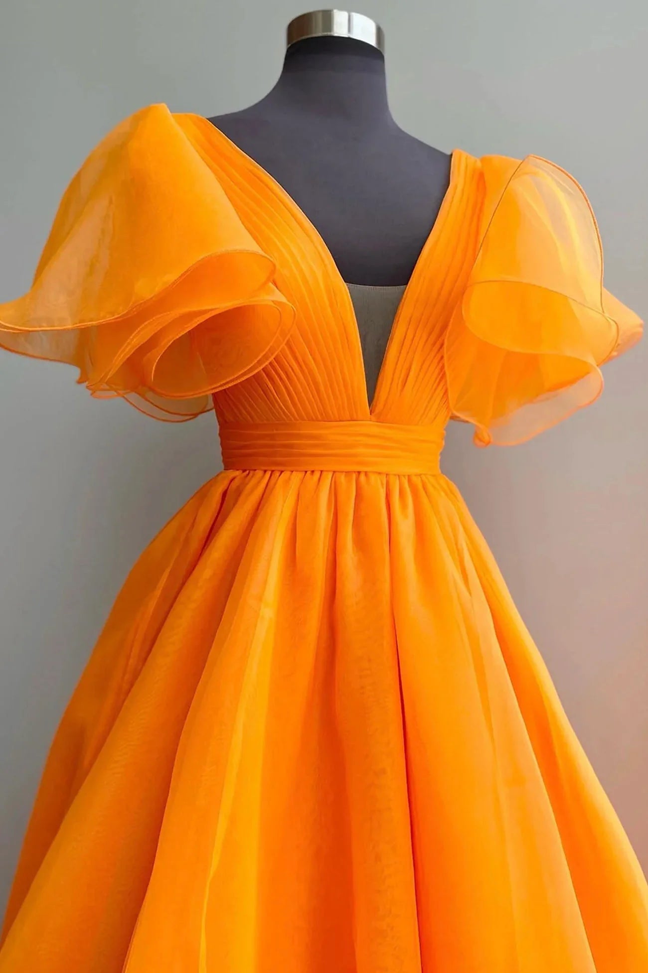 V-Neck Orange Organza Long A-Line Prom Dress