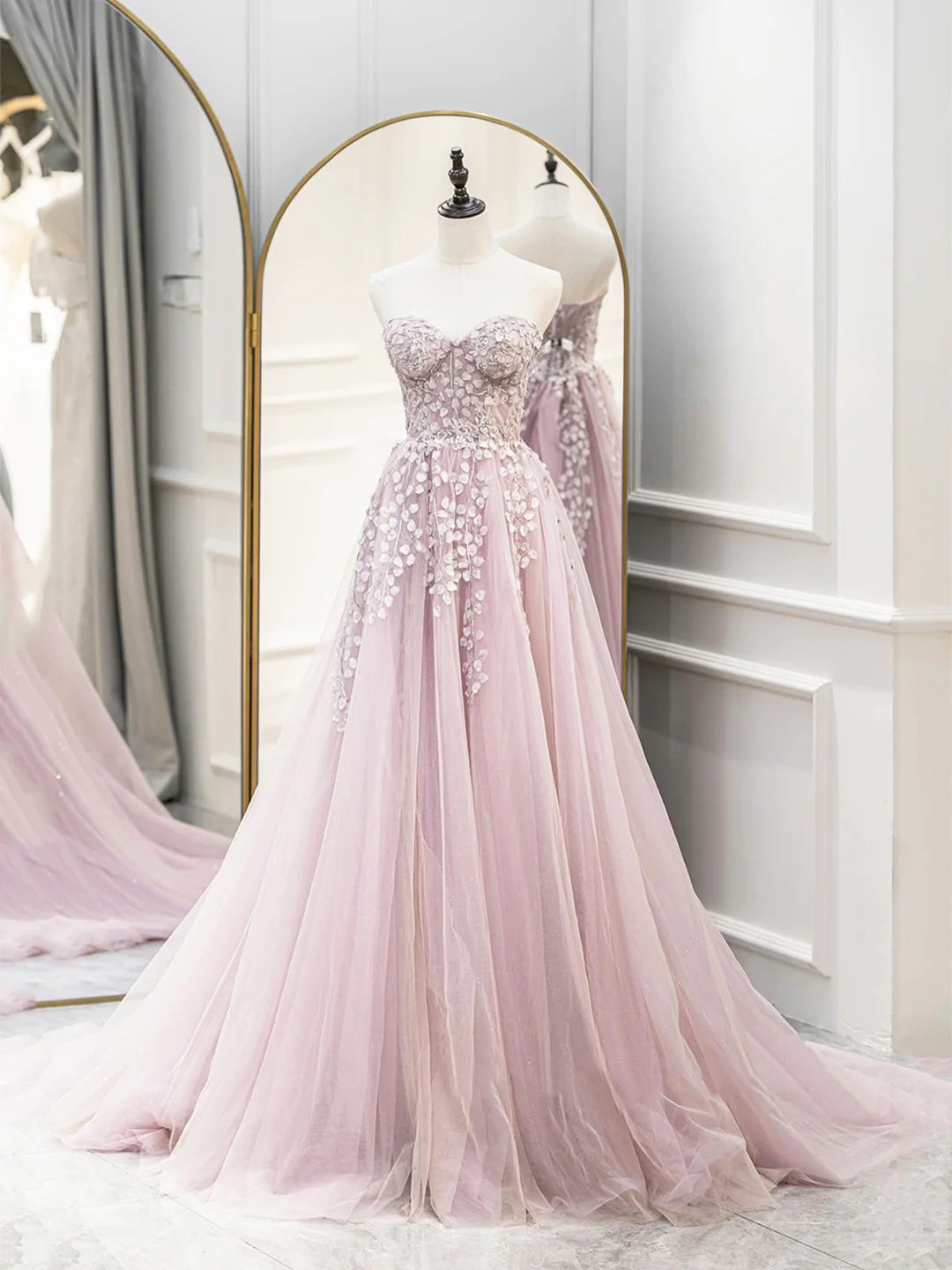 Cute Tulle Sweetheart Long A-Line Prom Dress with Lace