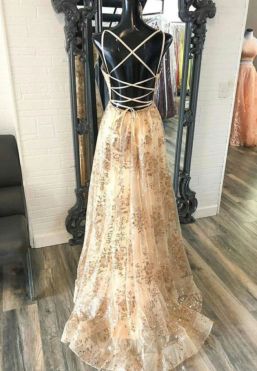 A-Line Champagne V-Neck Sequins Long Prom Dresses