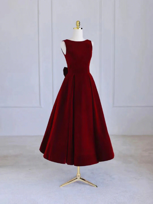 Burgundy Tea Length Prom Dress with Bowknot