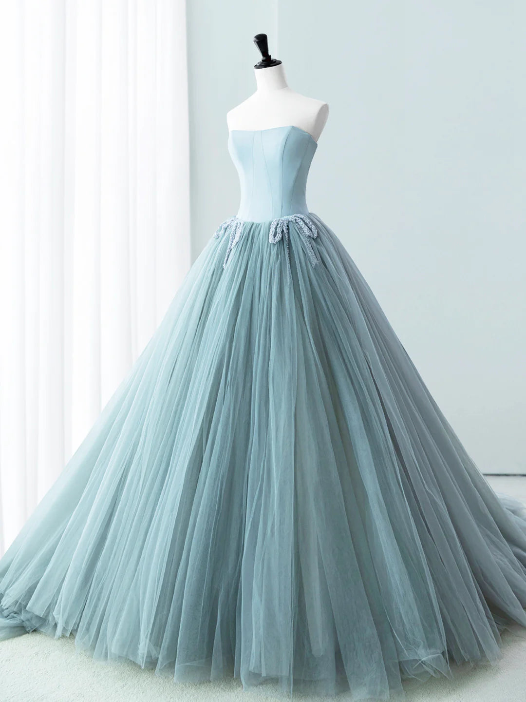 Lovely Strapless Blue Satin Tulle Long Prom Dress