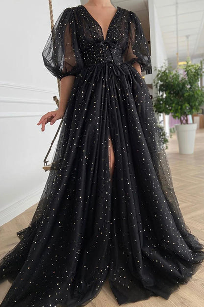 Black Tulle Long A-Line V-Neck Short Sleeve Prom Dresses