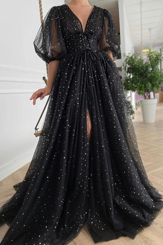 Black Tulle Long A-Line V-Neck Short Sleeve Prom Dresses