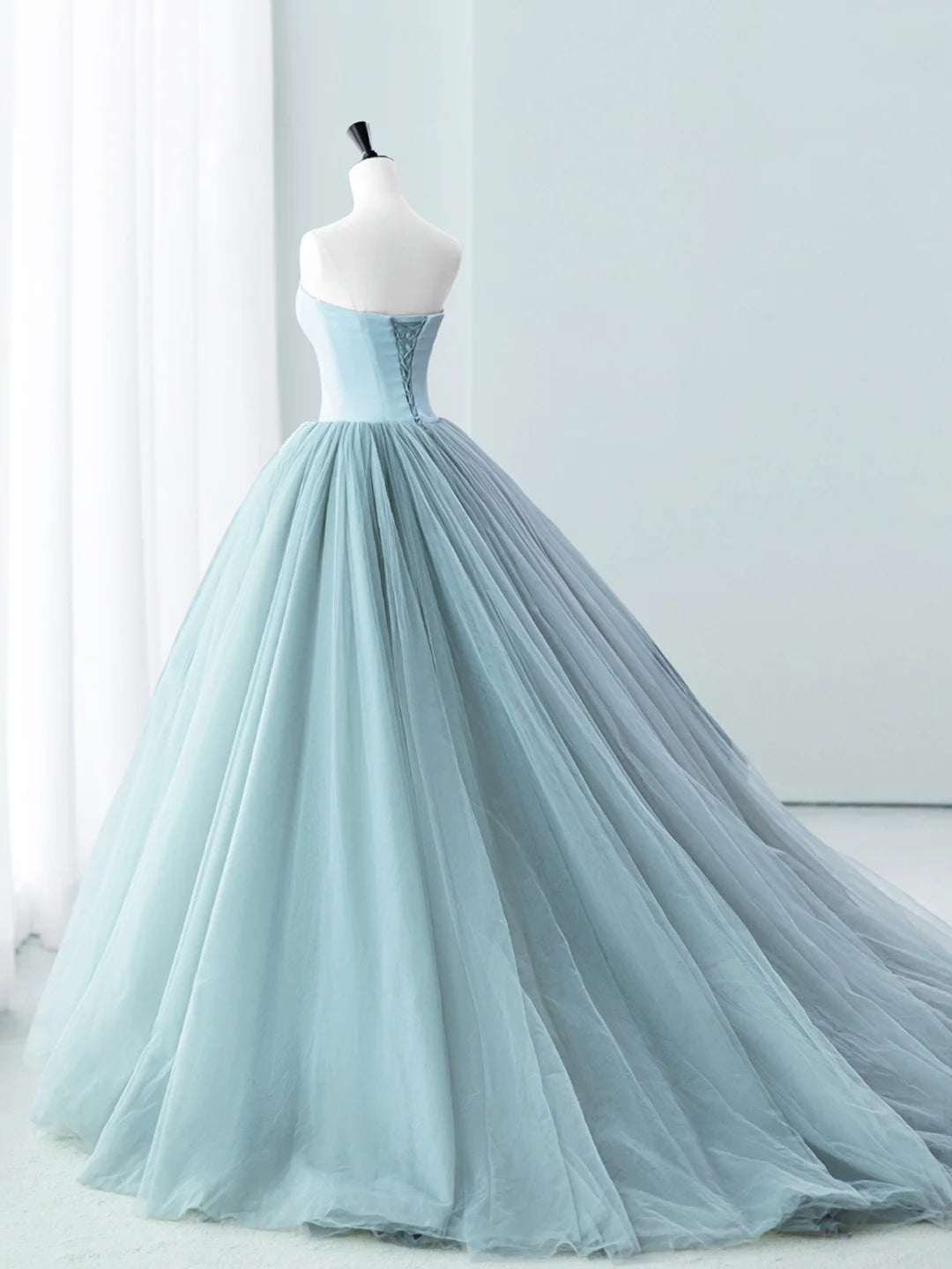 Lovely Strapless Blue Satin Tulle Long Prom Dress